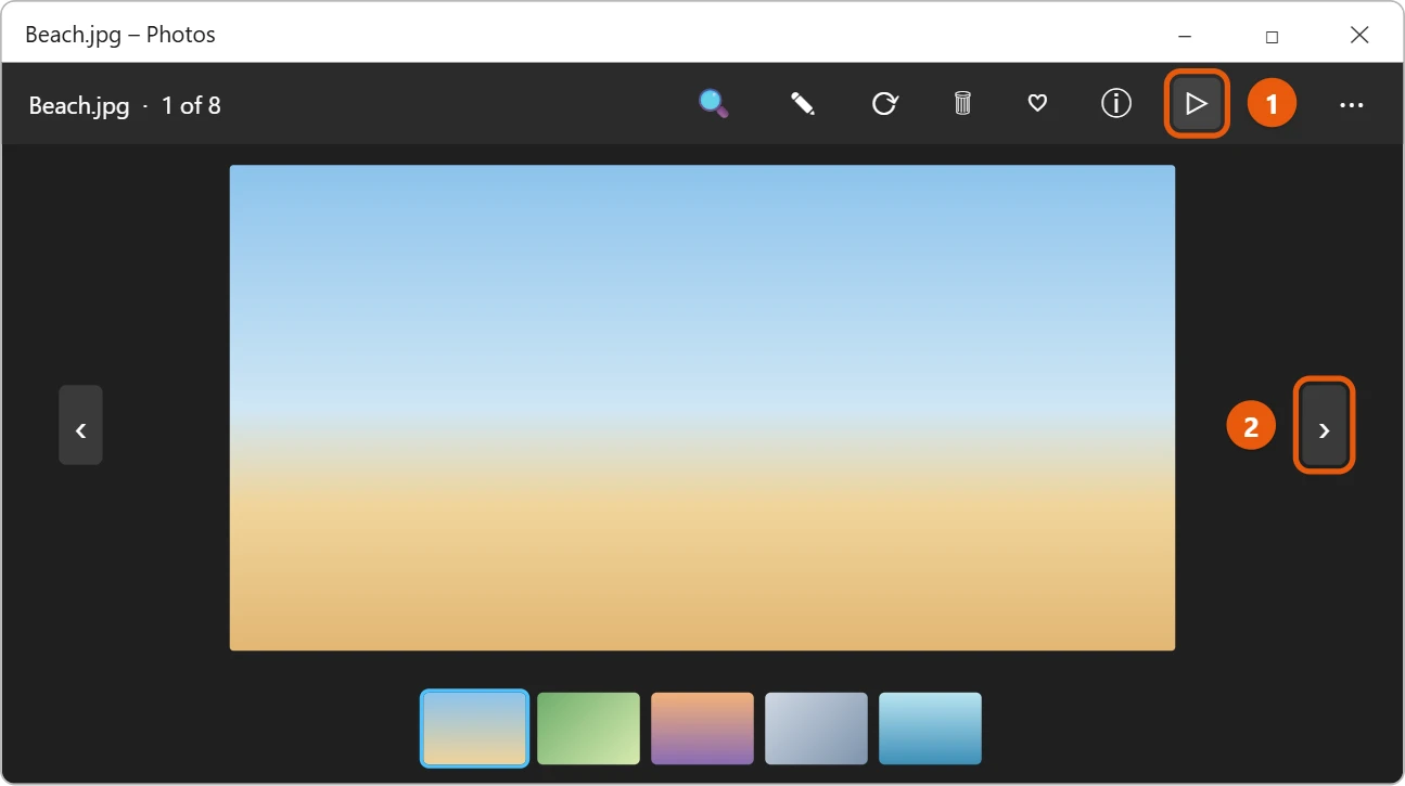 How to View Pictures as a Slideshow in Windows 11 2 Photos viewer with the Slideshow button and the next arrow highlighted