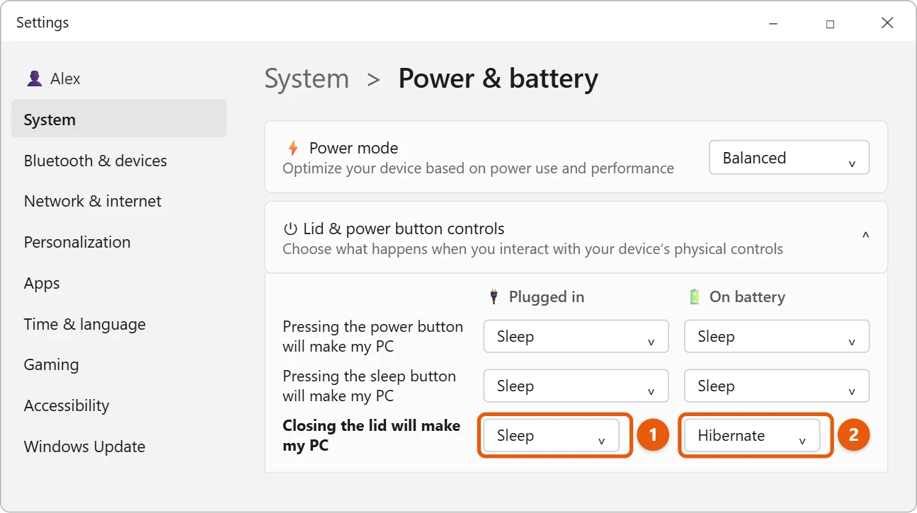 How to Change What Happens When You Close Your Laptop Lid in Windows 11 1 Illustration of Windows 11 Settings Power and battery page with Lid and power button controls expanded and the Closing the lid will make my PC lists for Plugged in and On battery highlighted