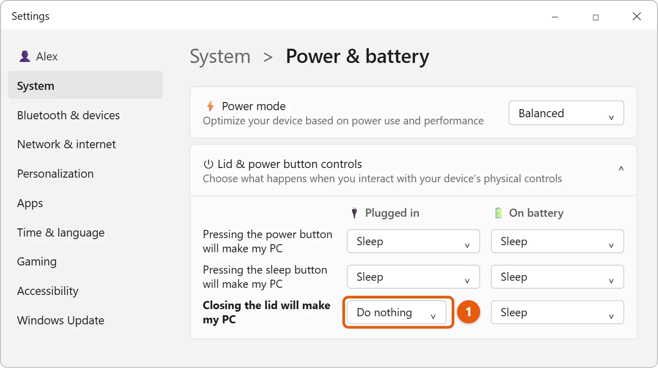How to Close Your Laptop and Keep Using a Monitor in Windows 11 1 Illustration of Windows 11 Settings Power and battery page with Lid and power button controls expanded and Closing the lid will make my PC set to Do nothing under Plugged in