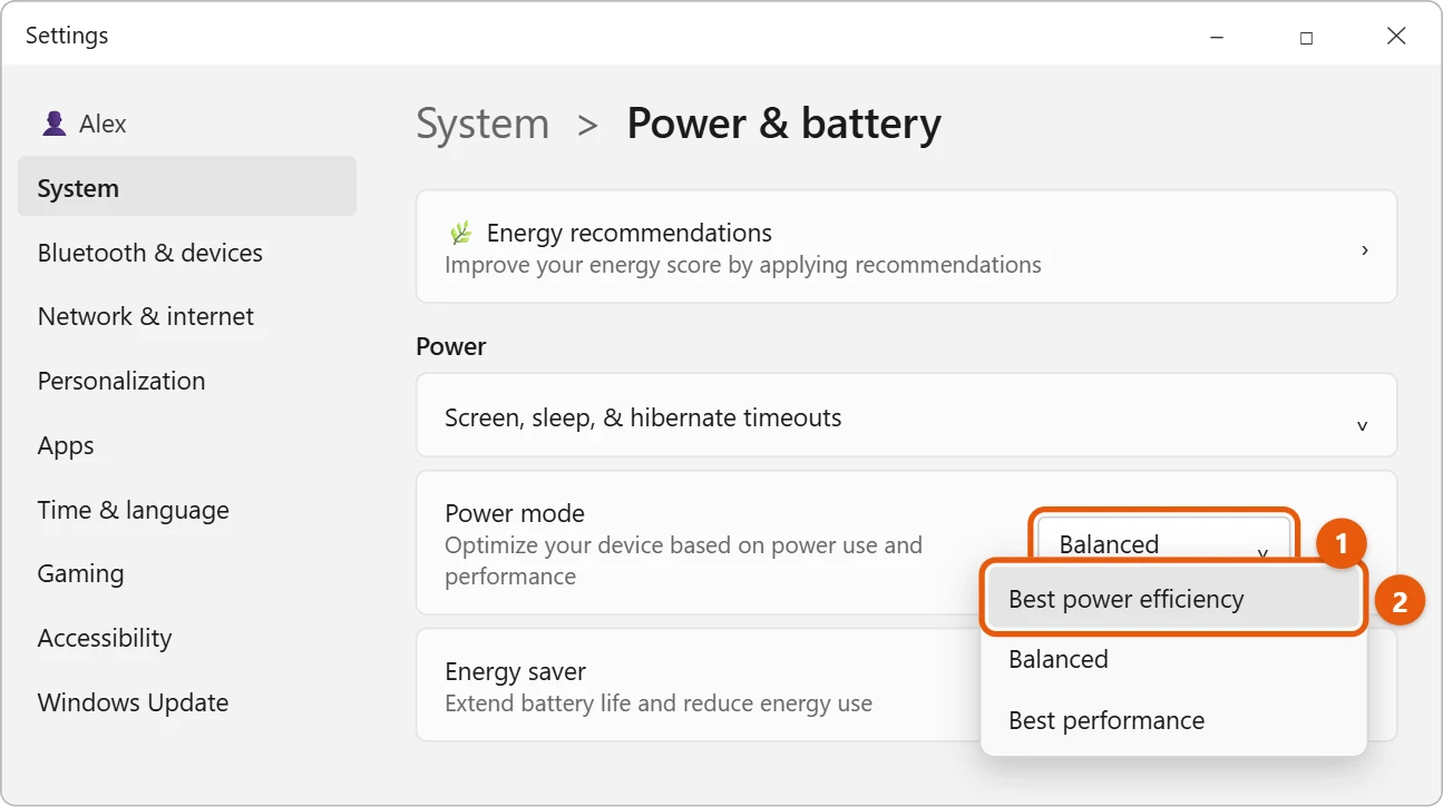 How to Check PC Power Consumption in Windows 11 3 Illustration of the Windows 11 Power and battery page with the Power mode list open and Best power efficiency highlighted