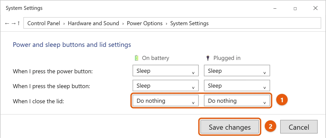 How to Stop Your Computer from Sleeping in Windows 11 2 Control Panel power button settings with When I close the lid set to Do nothing and Save changes highlighted