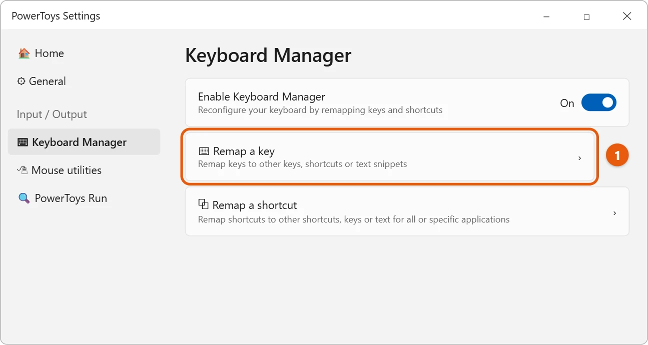 How to Remap Keyboard Keys in Windows 11 1 PowerToys Keyboard Manager settings with Remap a key highlighted