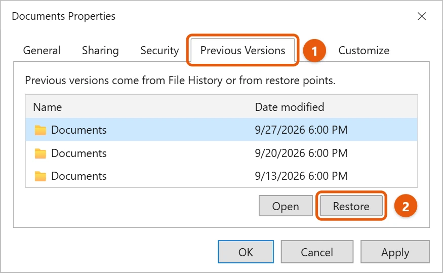 How to Recover Deleted Files in Windows 11 2 Folder Properties with the Previous Versions tab open and the Restore button highlighted