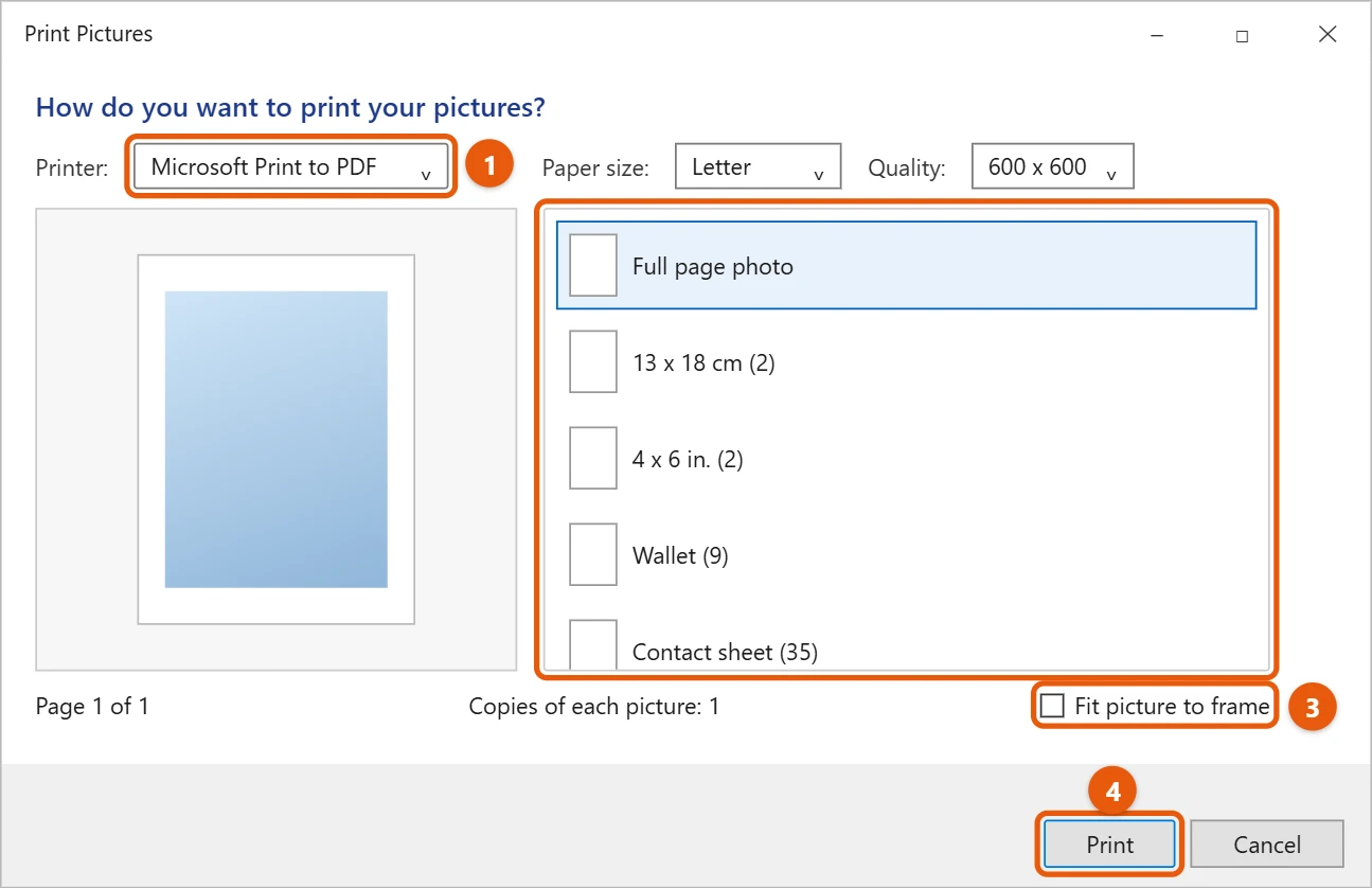 How to Convert JPG to PDF on Windows 11 2 Illustration of the Windows 11 Print Pictures window with Microsoft Print to PDF selected as the printer, Full page photo layout and Fit picture to frame cleared