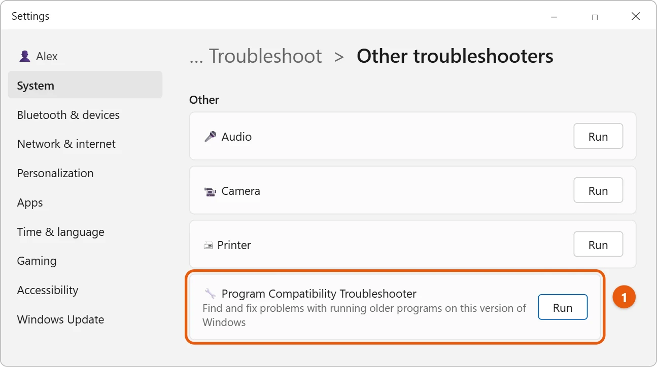 How to Run a Program in Compatibility Mode in Windows 11 2 Windows 11 Other troubleshooters page with Program Compatibility Troubleshooter highlighted