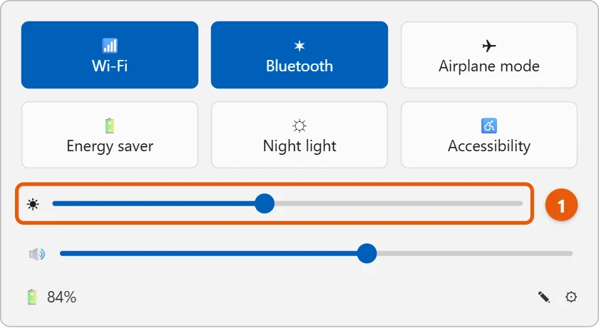 How to Change the Brightness in Windows 11 1 Windows 11 quick settings with the Brightness slider highlighted