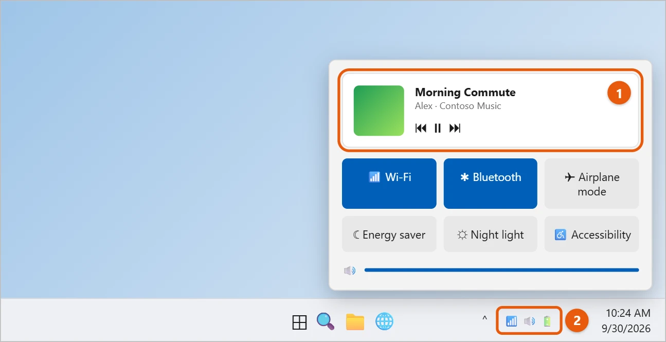 How to Put Spotify on the Desktop in Windows 11 2 Illustration of Windows 11 Quick Settings with media playback controls for a playing song at the top