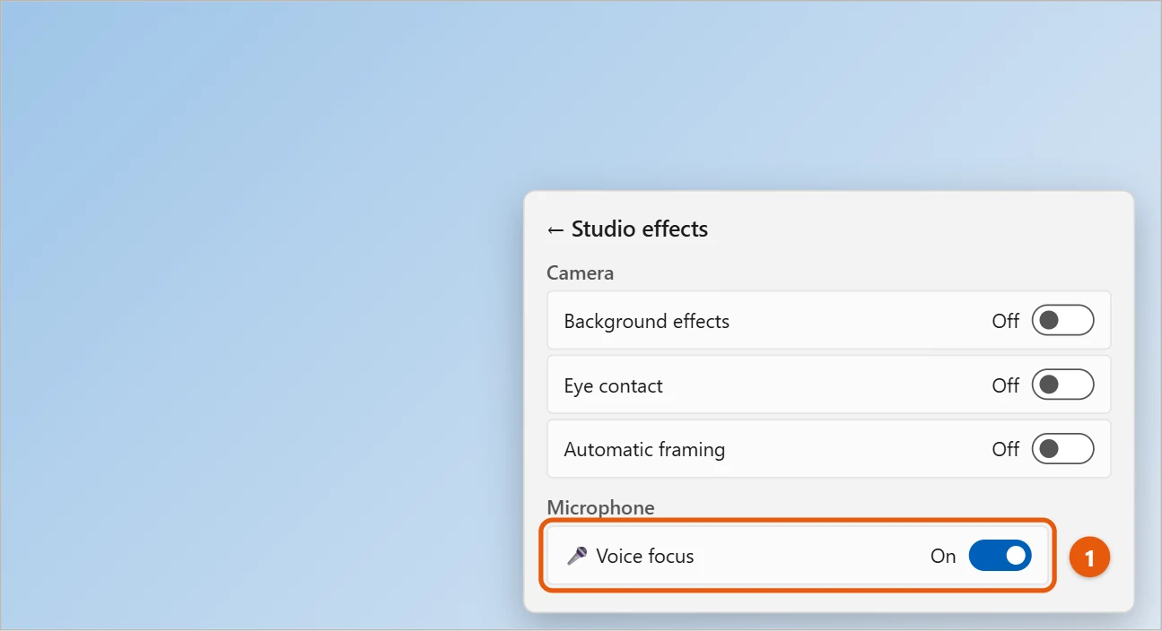How to Turn On Noise Suppression in Windows 11 (Voice Focus) 2 Illustration of the Windows 11 Quick Settings Studio effects panel with camera effects off and Voice focus under Microphone turned on