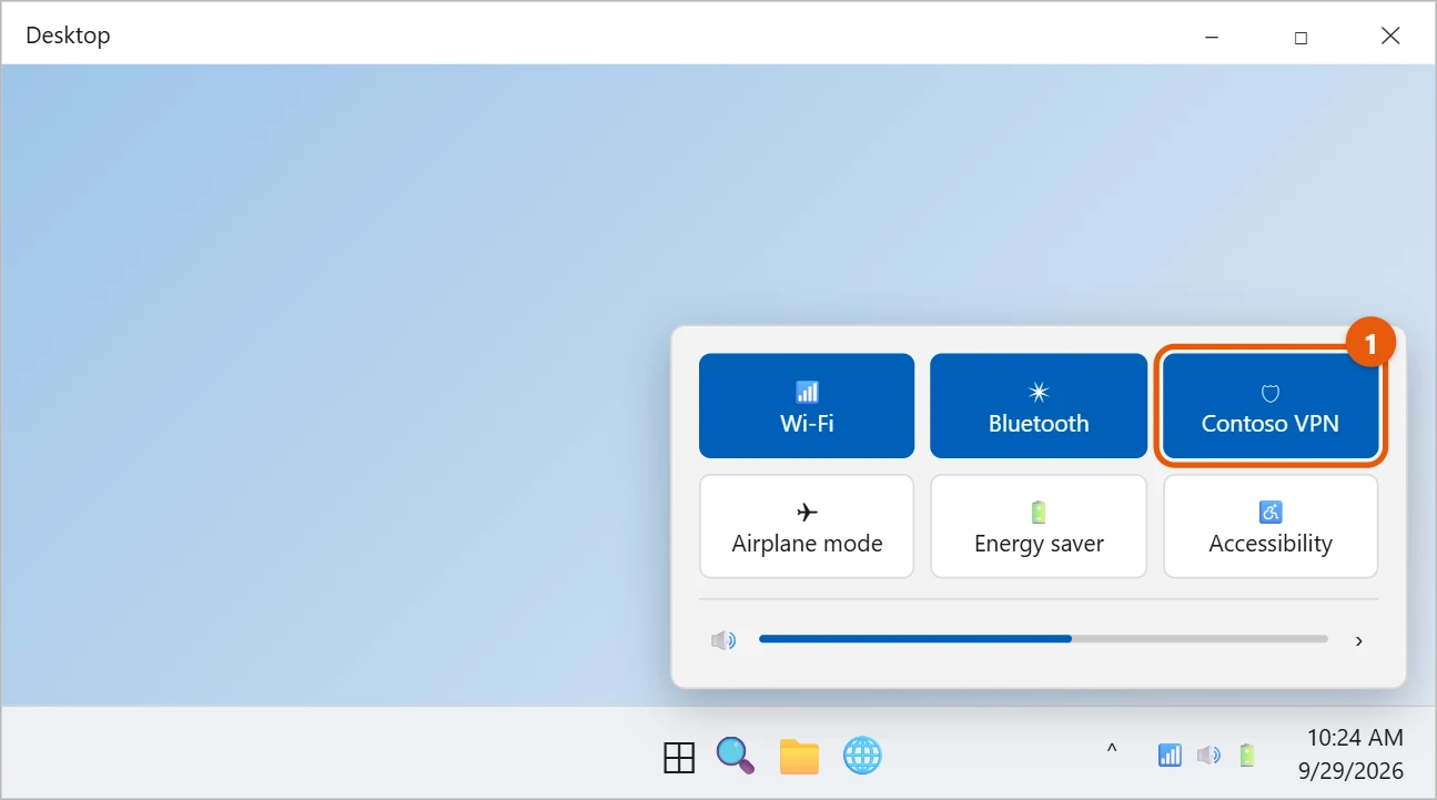 How to Turn Off a VPN in Windows 11 1 Windows 11 Quick Settings with a VPN tile named Contoso VPN highlighted