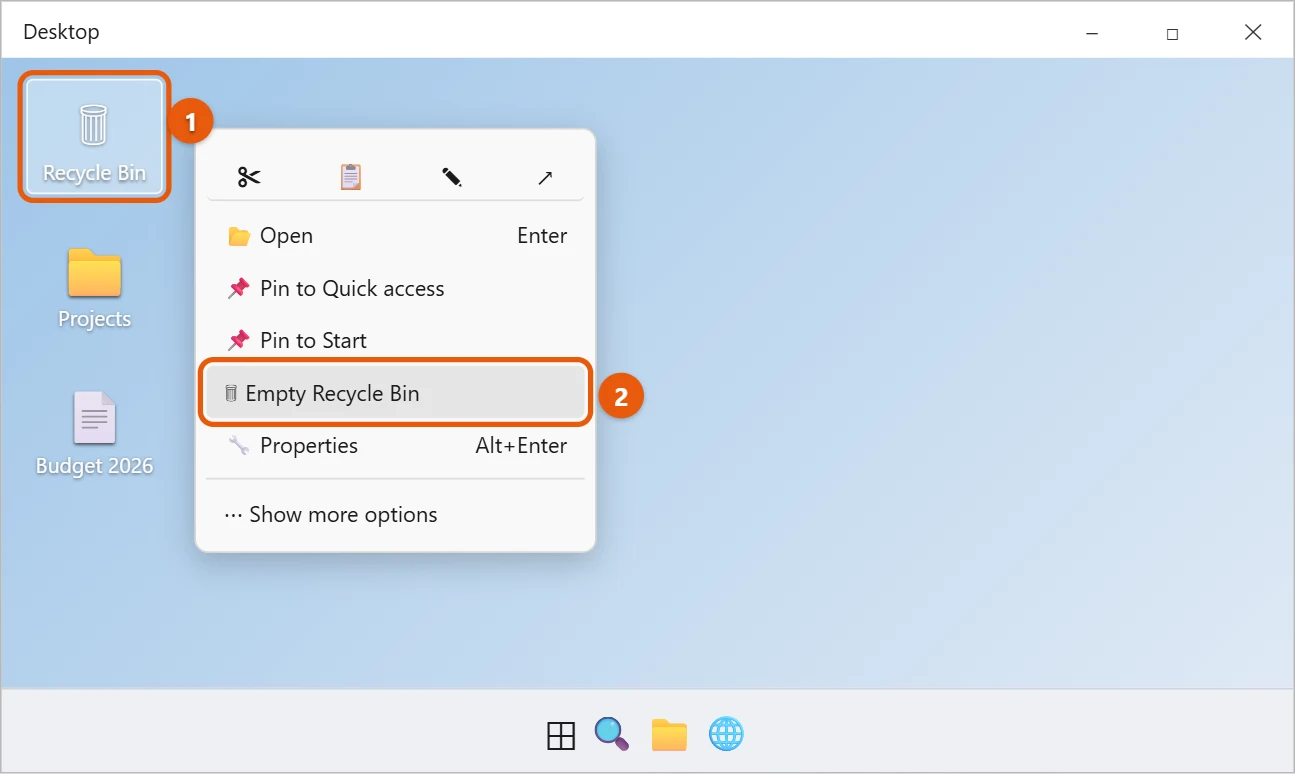 How to Empty the Recycle Bin in Windows 11 1 Illustration of the Windows 11 desktop with the Recycle Bin icon right-clicked and Empty Recycle Bin highlighted in the menu