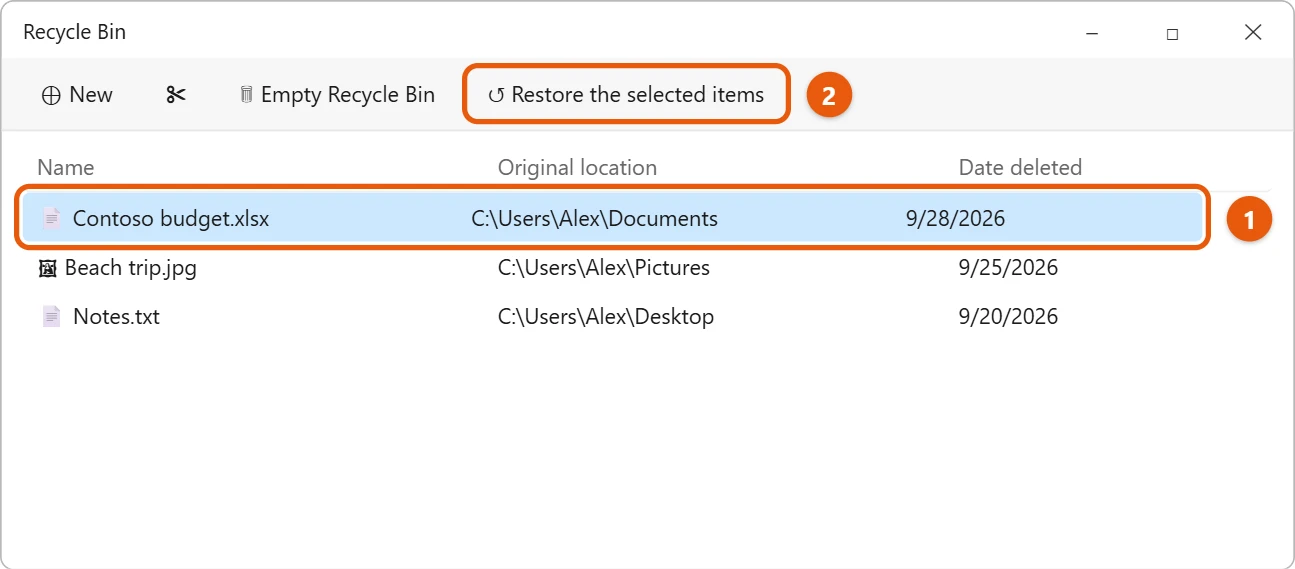 How to Recover Deleted Files in Windows 11 1 Recycle Bin with a deleted file selected and Restore the selected items highlighted