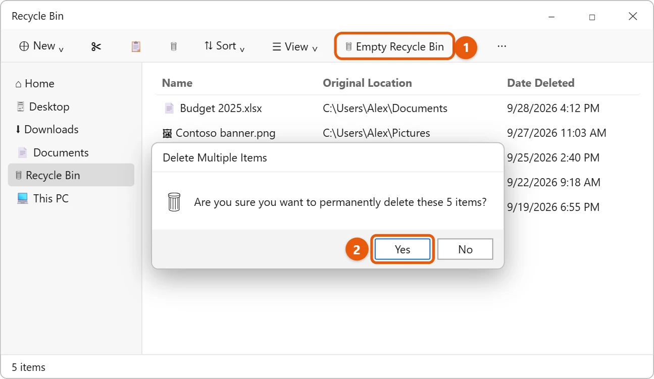 How to Empty the Recycle Bin in Windows 11 2 Illustration of the Windows 11 Recycle Bin window in Details view with the Empty Recycle Bin button highlighted in the command bar and the confirmation dialog open