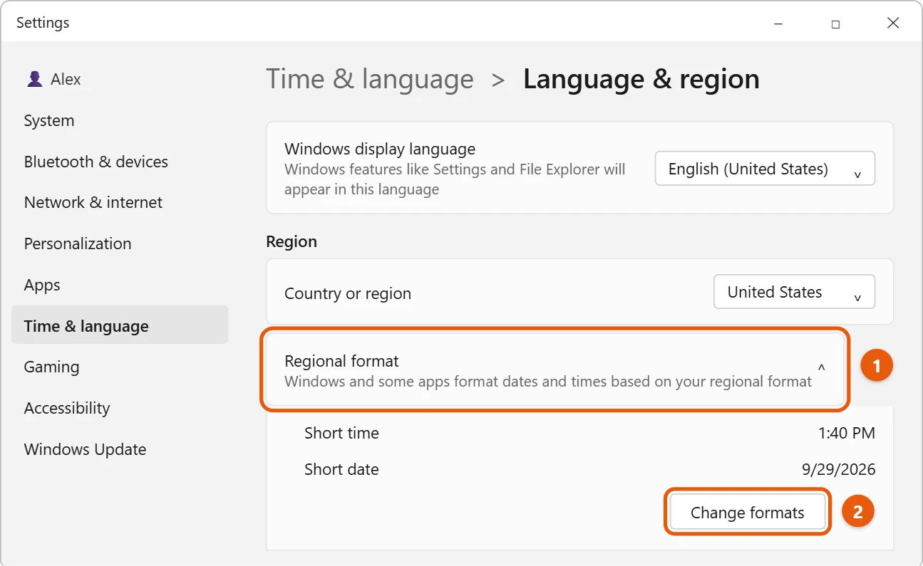 How to Change the Time Format in Windows 11 1 Windows 11 Language and region settings with Regional format expanded and Change formats highlighted