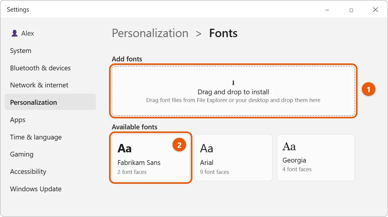 How to Install Fonts on Windows 11 2 Windows 11 Settings Fonts page with the Drag and drop to install box and a newly added font under Available fonts