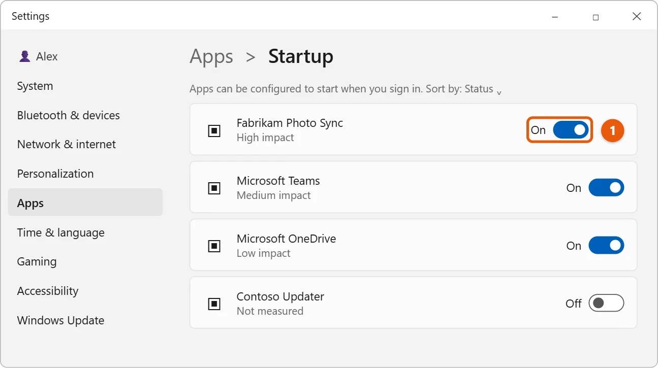 How to Clear Memory (RAM) on Windows 11 3 Illustration of Windows 11 Settings Apps Startup page with the switch for a high-impact app highlighted