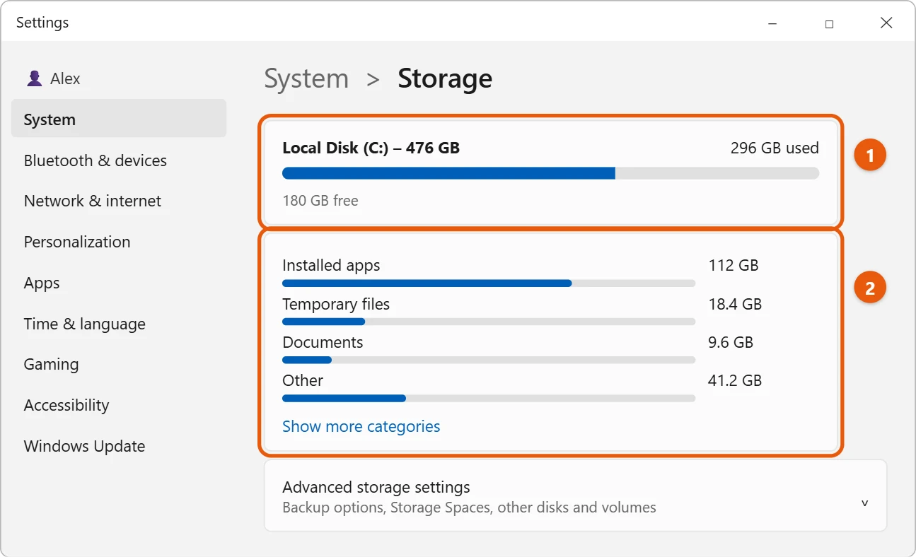 How to Check Hard Drive Space in Windows 11 2 Windows 11 Storage settings showing used and total space and the categories below