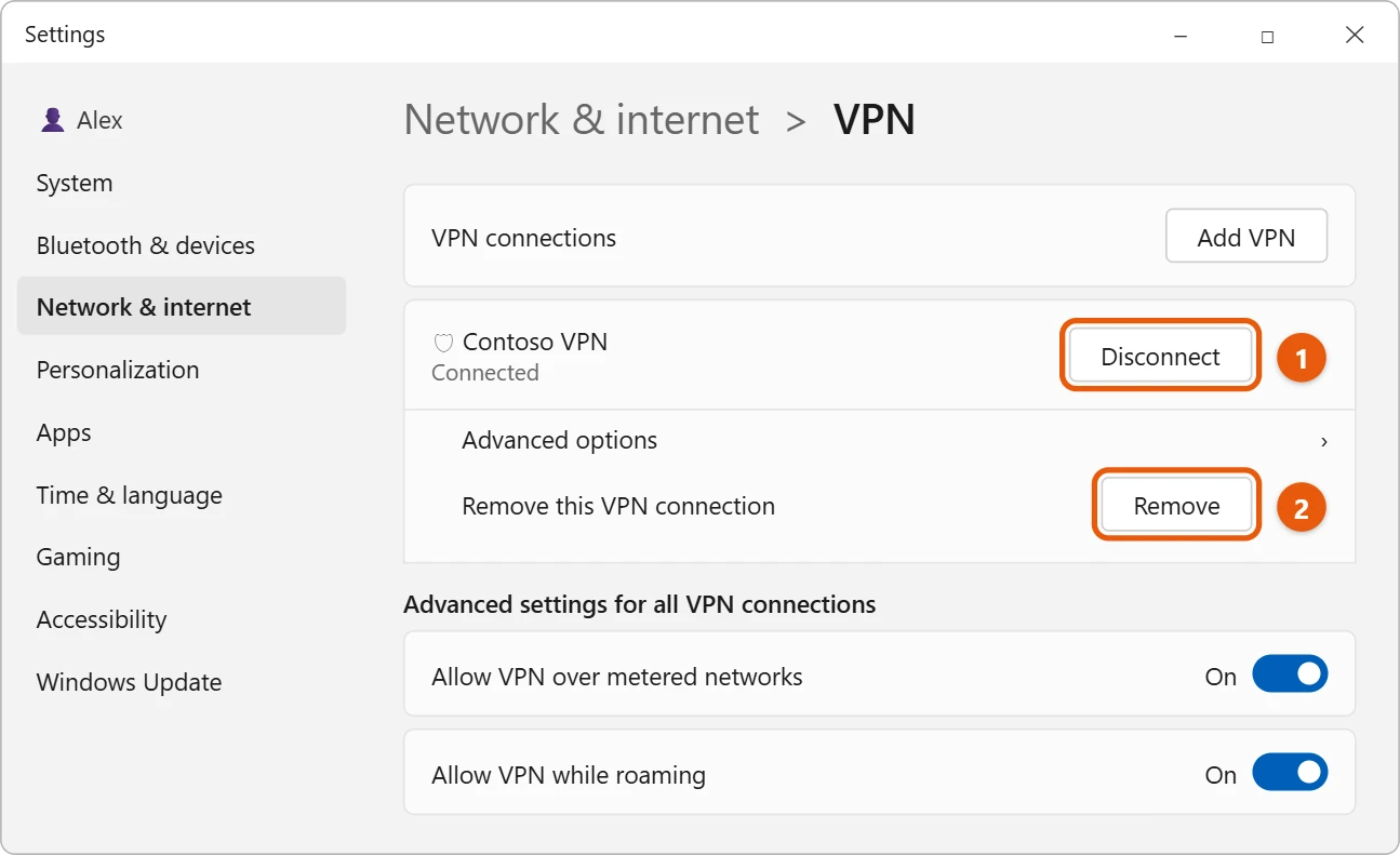 How to Turn Off a VPN in Windows 11 2 Windows 11 VPN settings with a connected VPN and the Disconnect and Remove buttons highlighted