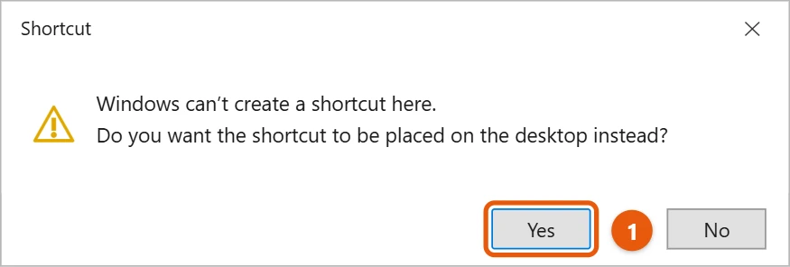 How to Put a Printer Icon on the Desktop in Windows 11 2 Windows prompt asking to place the shortcut on the desktop with Yes highlighted