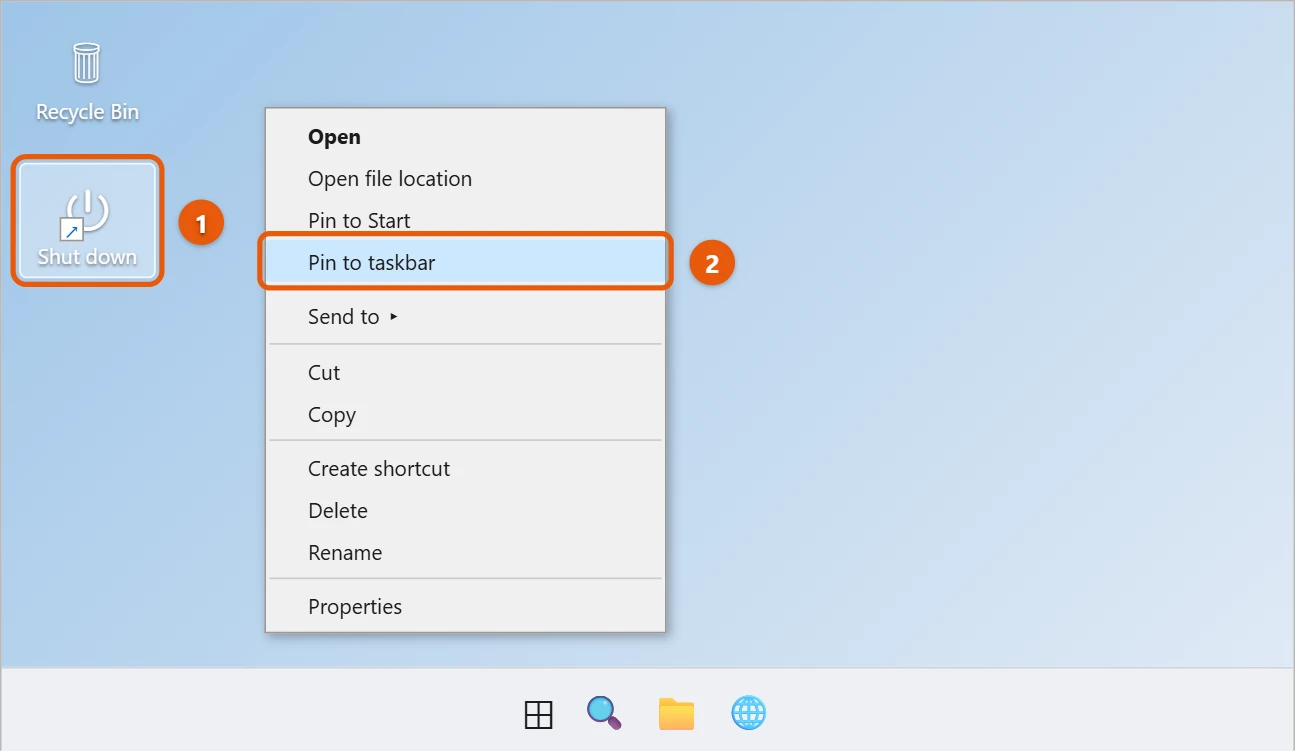 How to Put a Power Button on the Taskbar in Windows 11 2 Shut down shortcut on the desktop right-clicked with Pin to taskbar highlighted
