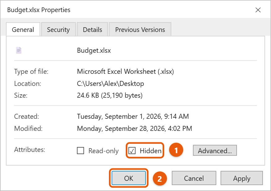 How to Hide Specific Desktop Icons in Windows 11 2 File Properties dialog with the Hidden attribute checked and OK highlighted