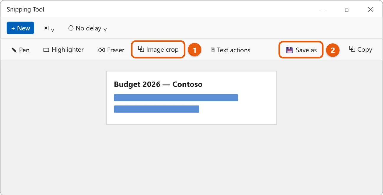 How to Take a Screenshot in Windows 11 2 Snipping Tool window with a captured screenshot, the Image crop button and the Save as button highlighted