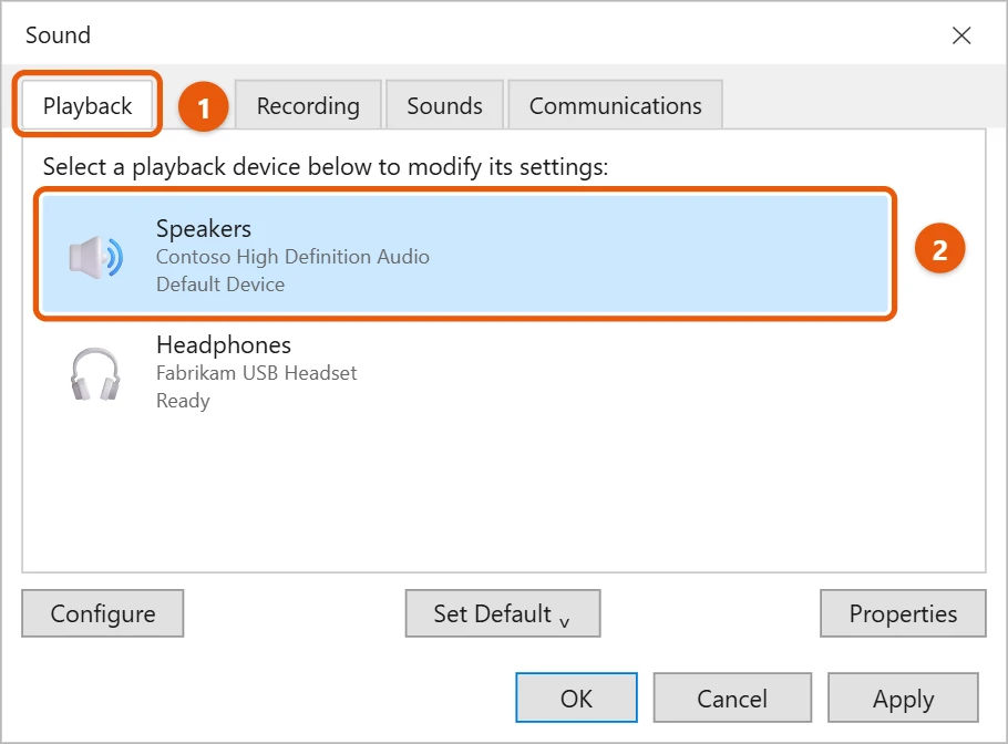How to Open the Sound Control Panel in Windows 11 2 The Sound window on the Playback tab with Speakers selected