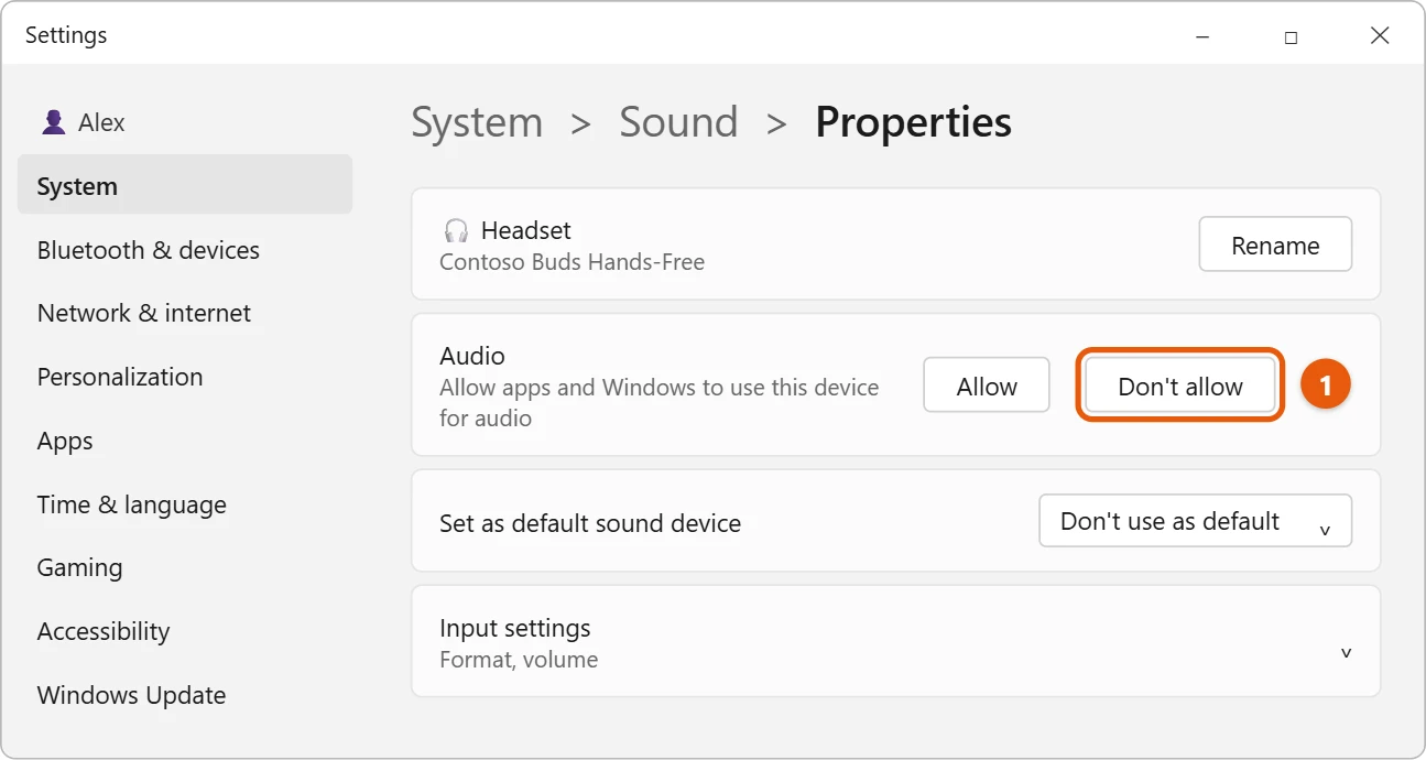 How to Disable Hands-Free Audio in Windows 11 2 Illustration of Windows 11 Settings Sound properties page for a Bluetooth headset microphone with the Audio Don't allow button highlighted