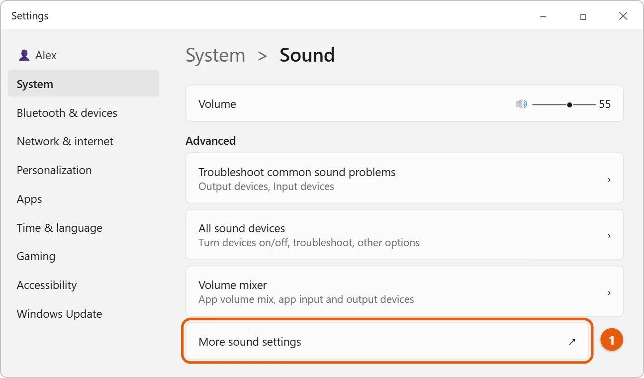 How to Open the Sound Control Panel in Windows 11 1 Windows 11 Sound settings with More sound settings highlighted