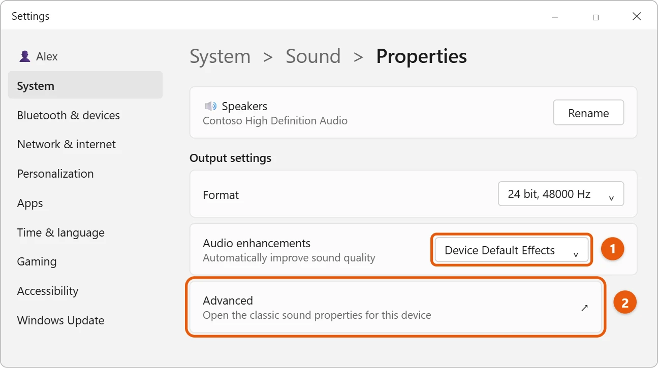 How to Adjust Bass on Windows 11 1 Illustration of Windows 11 Settings System Sound speaker Properties page with Audio enhancements set to Device Default Effects and the Advanced link highlighted