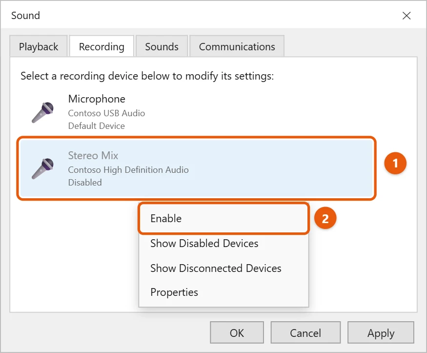 How to Play Music Through Your Mic in Windows 11 1 Illustration of the Sound window Recording tab with a disabled Stereo Mix device and the Enable option highlighted