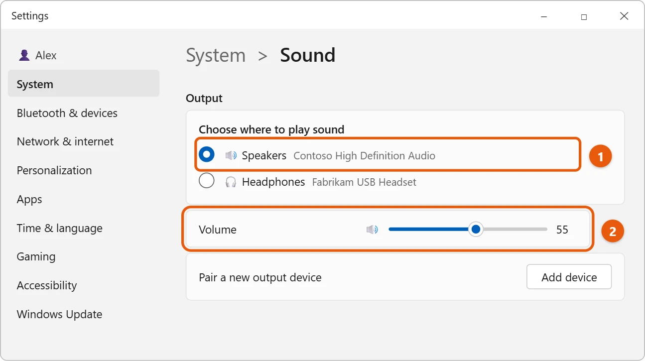 How to Turn On Computer Speakers in Windows 11 2 Windows 11 Sound settings with Speakers chosen under Output and the Volume slider
