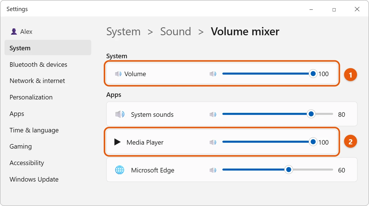 How to Increase the Volume on an HP Laptop in Windows 11 2 Windows 11 Volume mixer with the main volume and the Media Player app slider highlighted