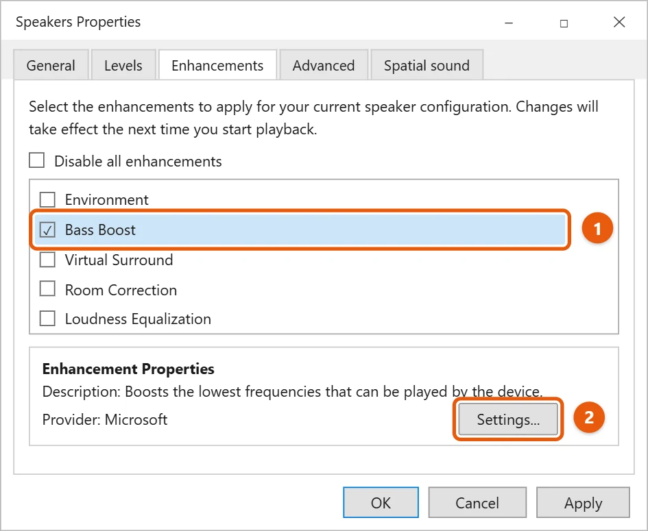 How to Adjust Bass on Windows 11 2 Illustration of the Speakers Properties Enhancements tab with Bass Boost checked and the Settings button highlighted