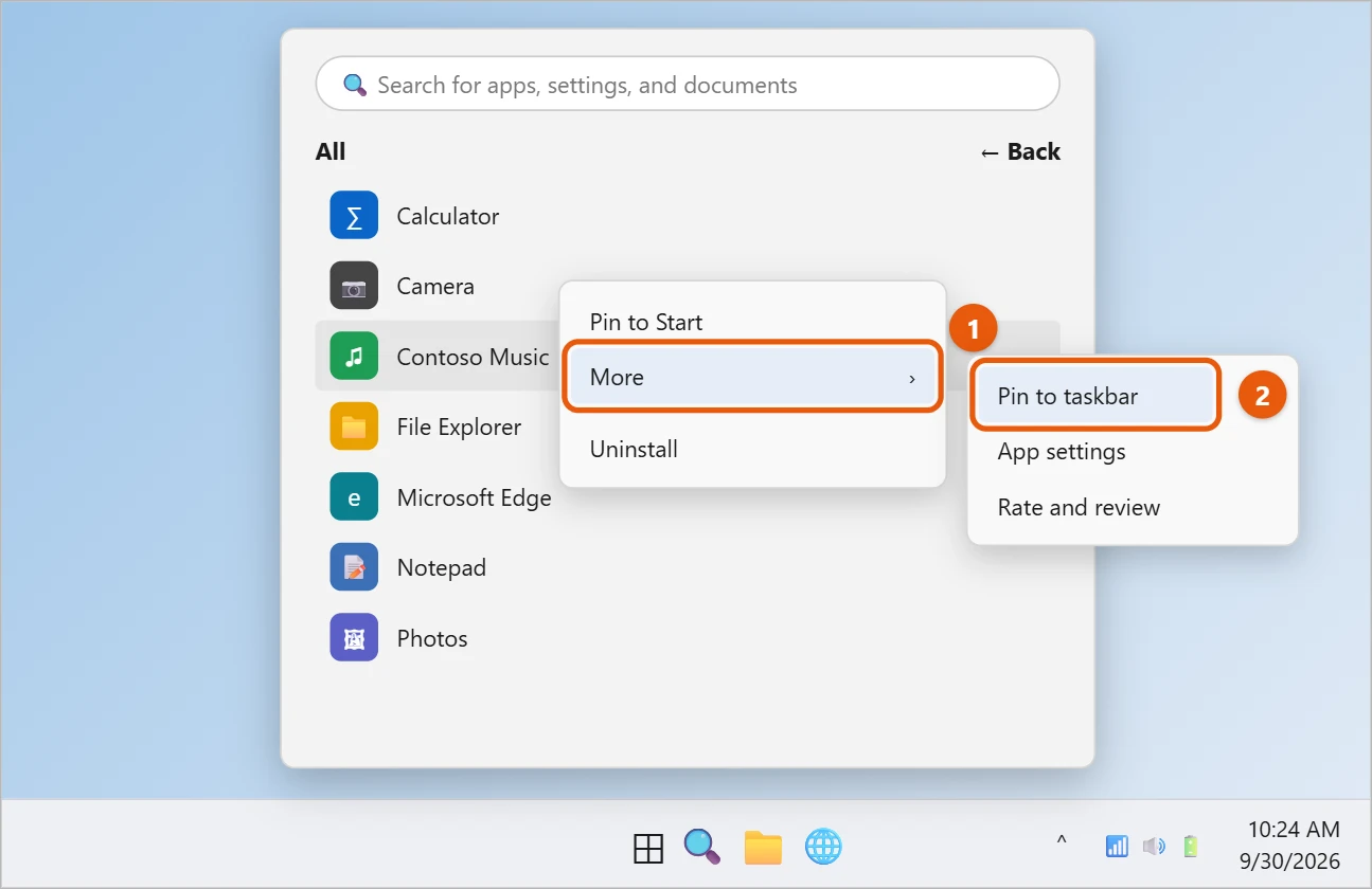 How to Put Spotify on the Desktop in Windows 11 1 Illustration of the Windows 11 Start menu All apps list with a music app's right-click menu open and Pin to taskbar highlighted
