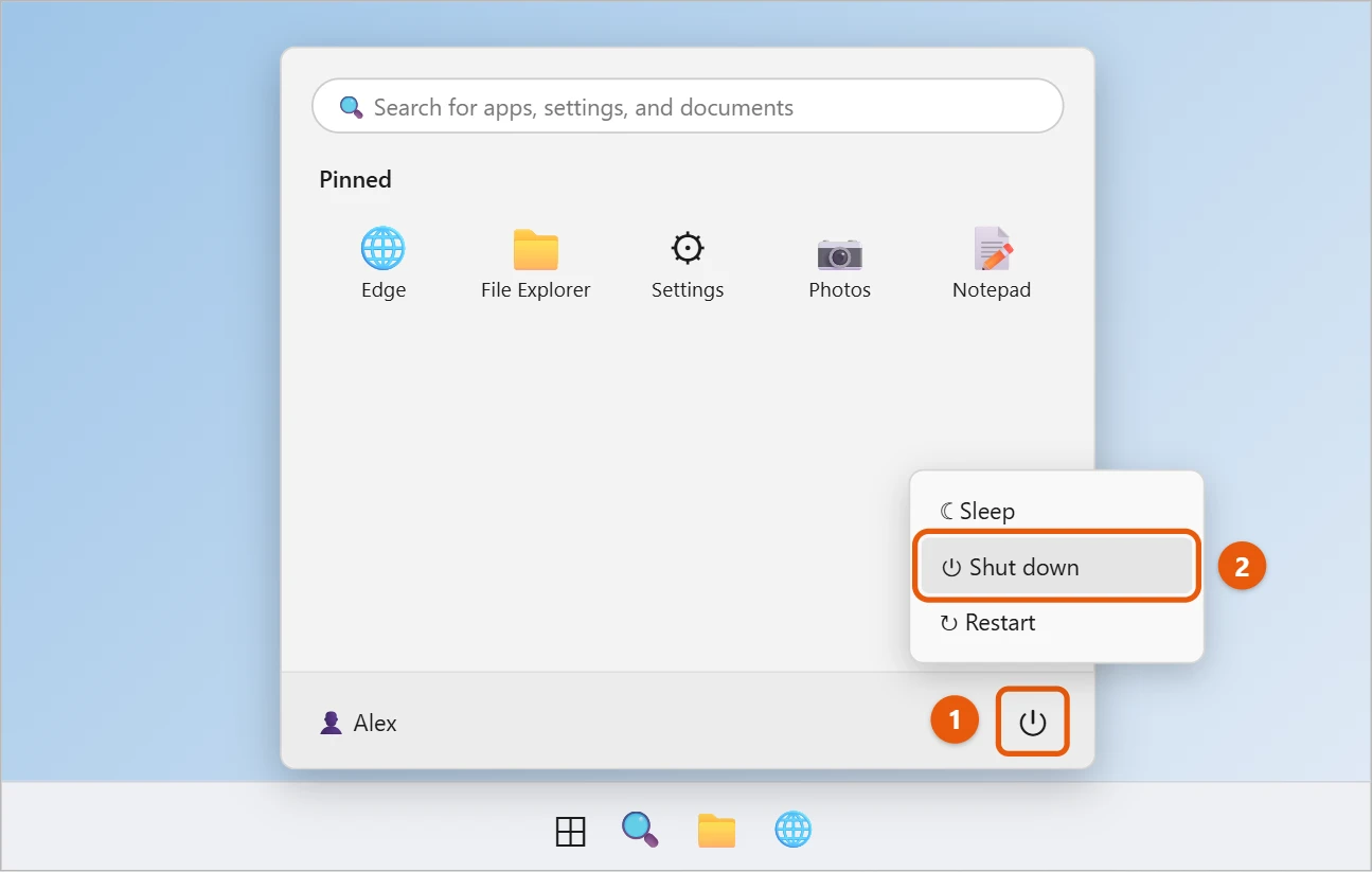 How to Fully Shut Down Your PC in Windows 11 1 Windows 11 Start menu with the Power button and Shut down highlighted