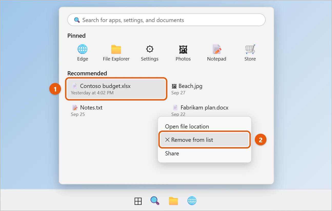 How to Remove Recommended from the Start Menu in Windows 11 2 Windows 11 Start menu with a recommended file right-clicked and Remove from list highlighted