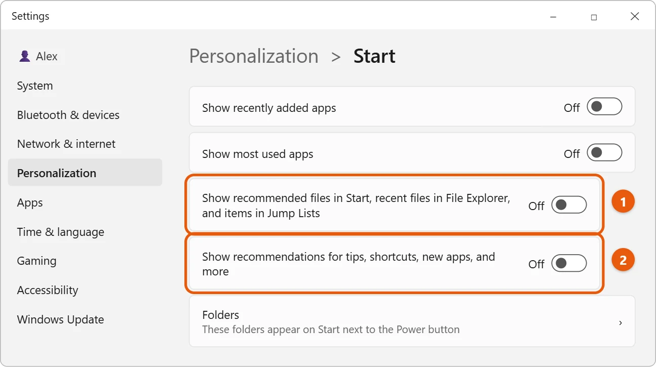 How to Remove Recommended from the Start Menu in Windows 11 1 Windows 11 Start settings with the recommended files and recommendations toggles turned off