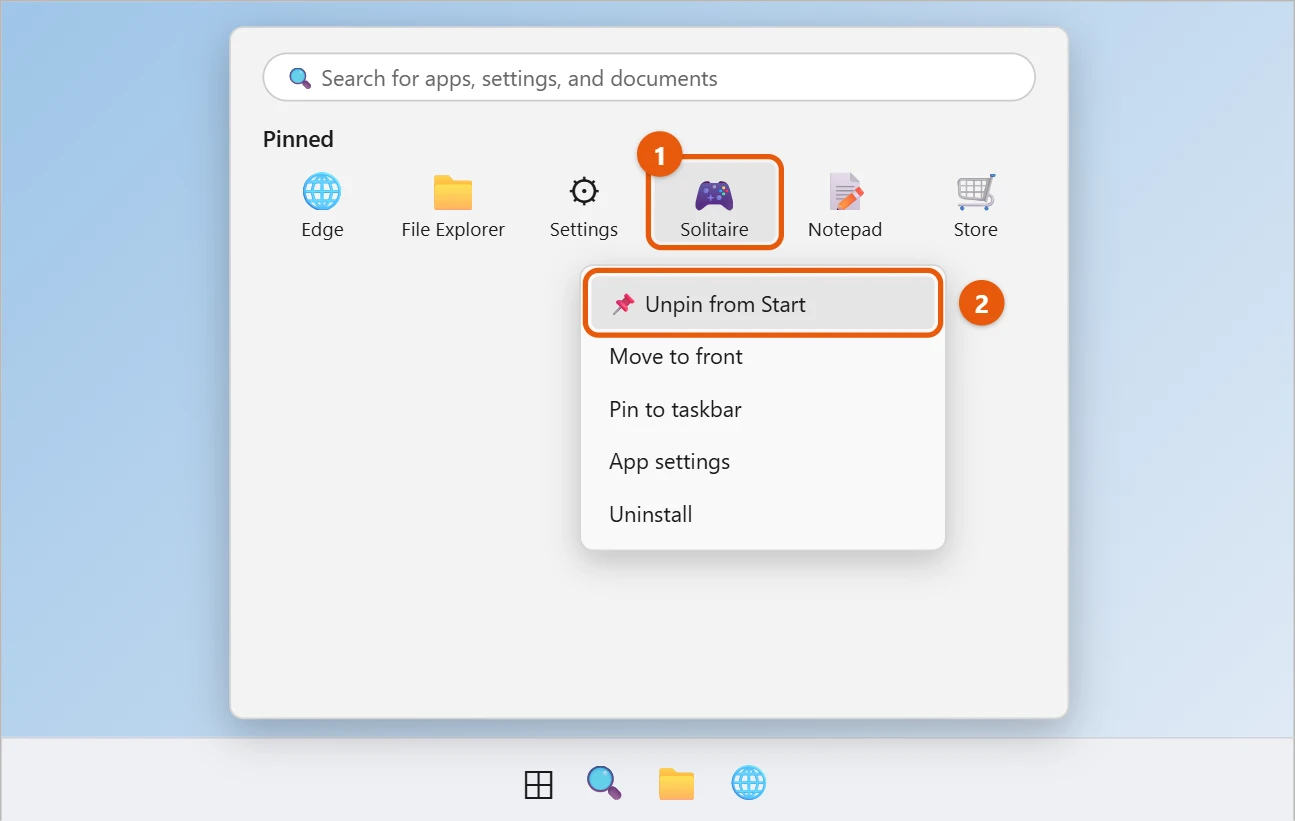 How to Hide Apps on Windows 11 1 Windows 11 Start menu with a pinned app right-clicked and Unpin from Start highlighted