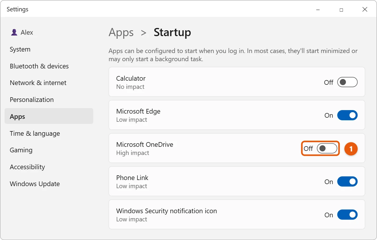 How to Turn Off OneDrive in Windows 11 2 Illustration of Windows 11 Settings Apps Startup page with the Microsoft OneDrive switch turned off and highlighted