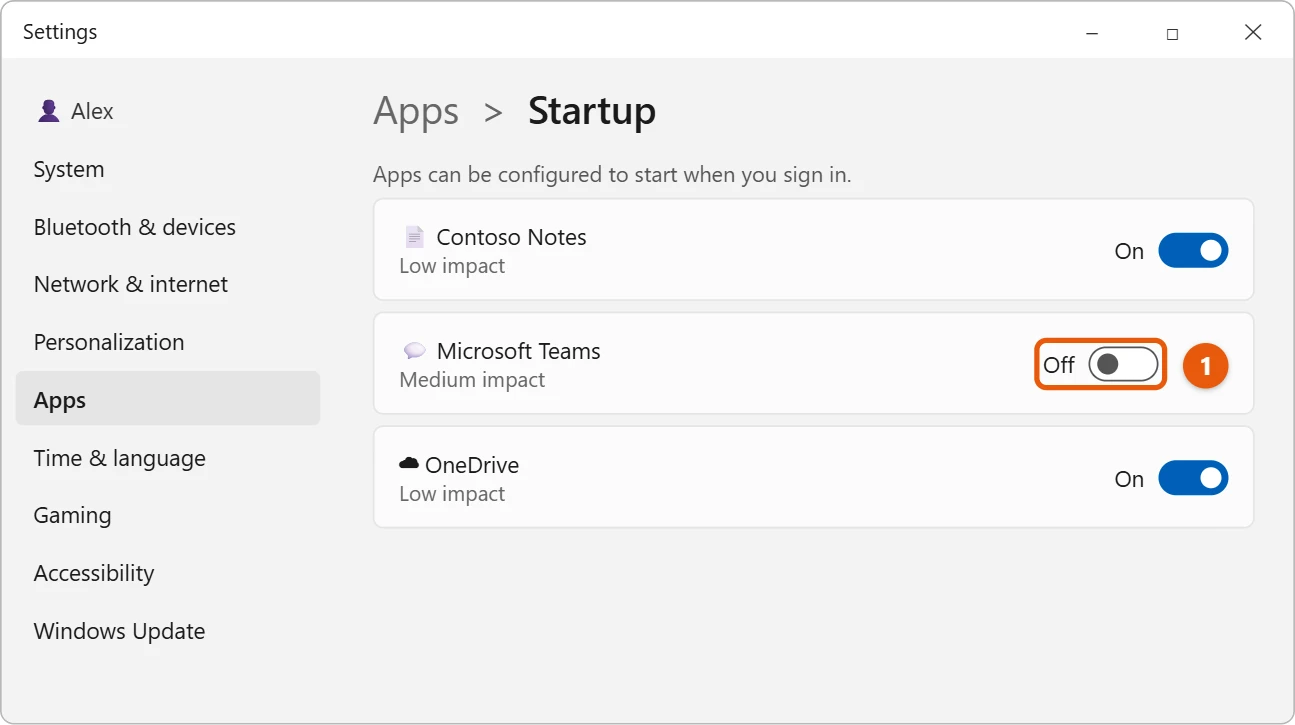 How to Remove Teams from the Taskbar in Windows 11 2 Illustration of Windows 11 Startup apps settings with the switch for a chat app turned off and highlighted