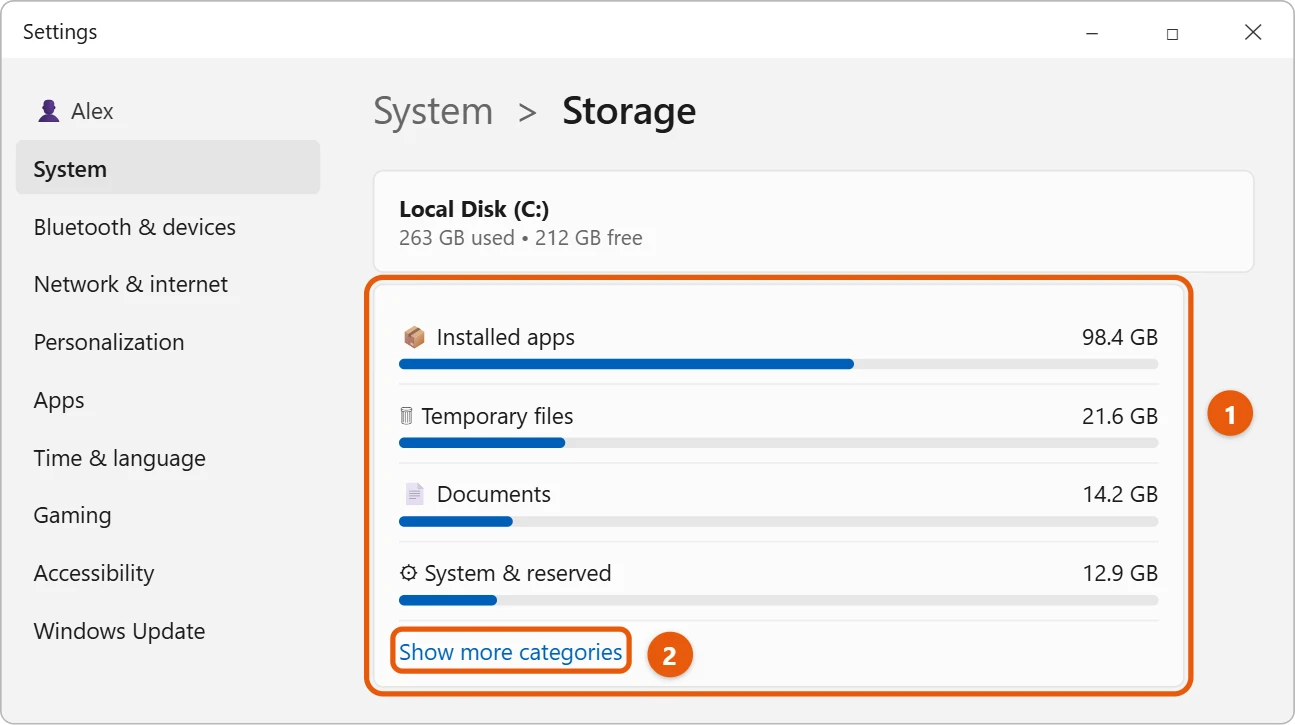 How to See What's Taking Up Space on Your PC in Windows 11 1 Windows 11 Storage settings listing space used by category
