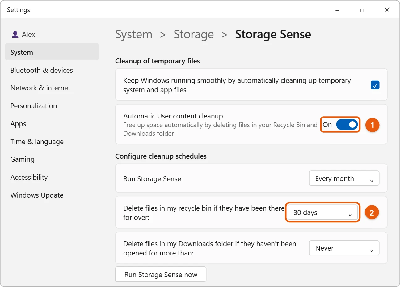 How to Empty the Recycle Bin in Windows 11 3 Illustration of Windows 11 Settings Storage Sense page with Automatic User content cleanup turned on and the Recycle Bin time limit set to 30 days