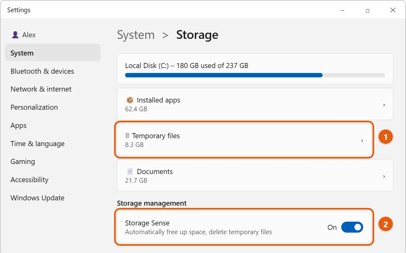 How to Make Your PC Faster in Windows 11 2 Windows 11 Storage settings with Temporary files and Storage Sense highlighted