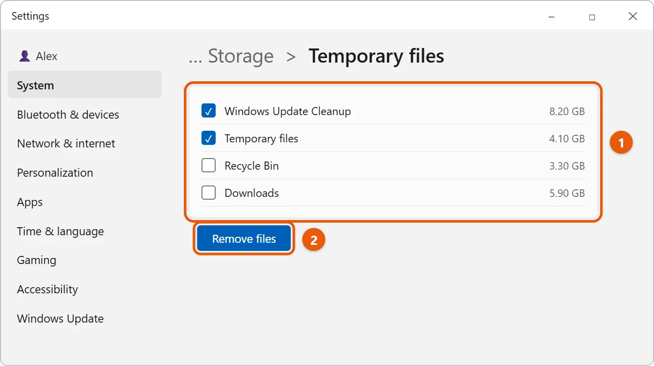 How to See What's Taking Up Space on Your PC in Windows 11 2 Windows 11 Temporary files page with items checked and Remove files highlighted