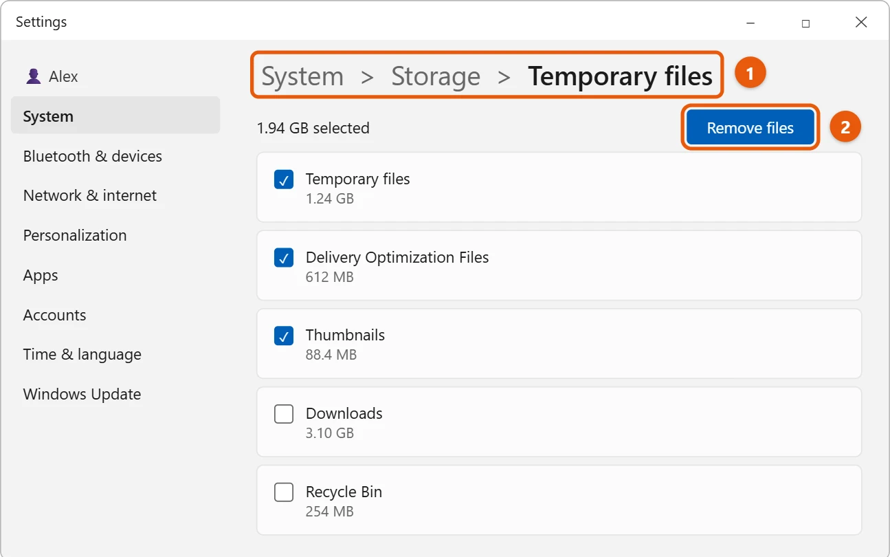 How to Clear Cache in Windows 11 1 Windows 11 Storage settings showing Temporary files with categories checked and Remove files