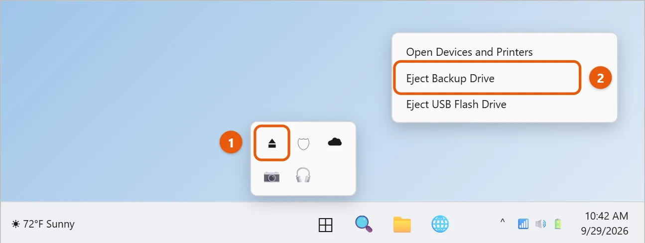How to Safely Eject an External Hard Drive or USB in Windows 11 1 Windows 11 hidden icons with the Safely Remove Hardware icon and the Eject menu highlighted