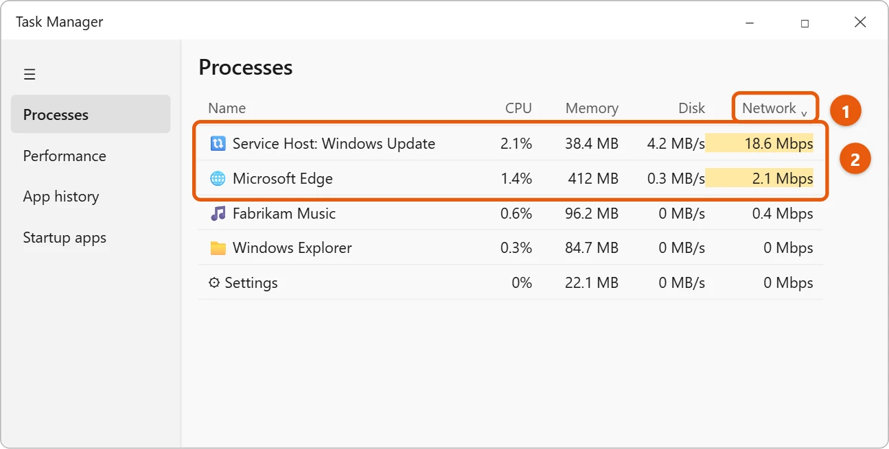 How to Check if Something Is Downloading in Windows 11 1 Task Manager Processes sorted by Network, with Windows Update and Microsoft Edge using the most