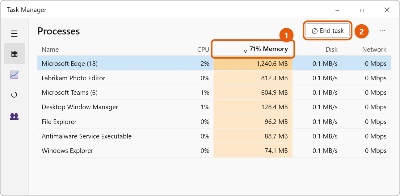 How to Clear Memory (RAM) on Windows 11 2 Illustration of Task Manager Processes sorted by Memory with the End task button highlighted