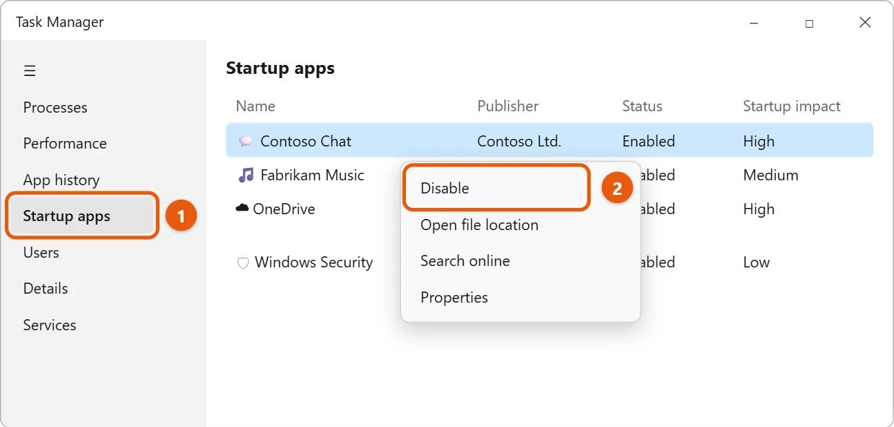 How to Make Your PC Faster in Windows 11 1 Task Manager Startup apps with an app right-clicked and Disable highlighted