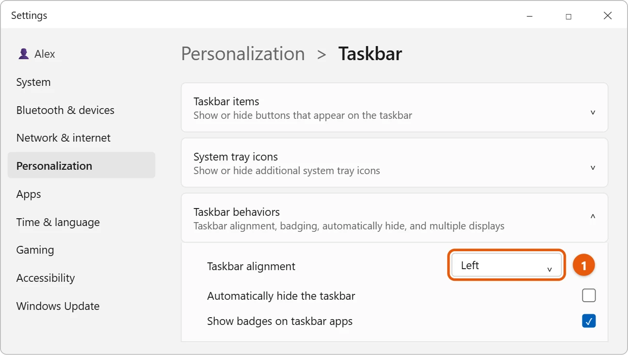 How to Customize Windows 11 4 Illustration of Windows 11 Taskbar settings with Taskbar behaviors open and Taskbar alignment set to Left highlighted